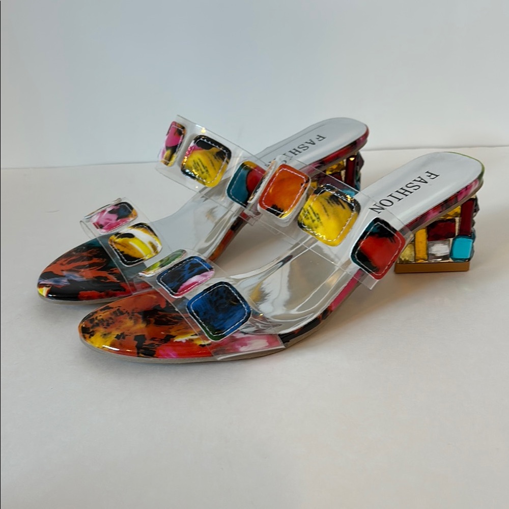 FINAL! NWOT! Vibrant Multi Color Heels with Transparent Design